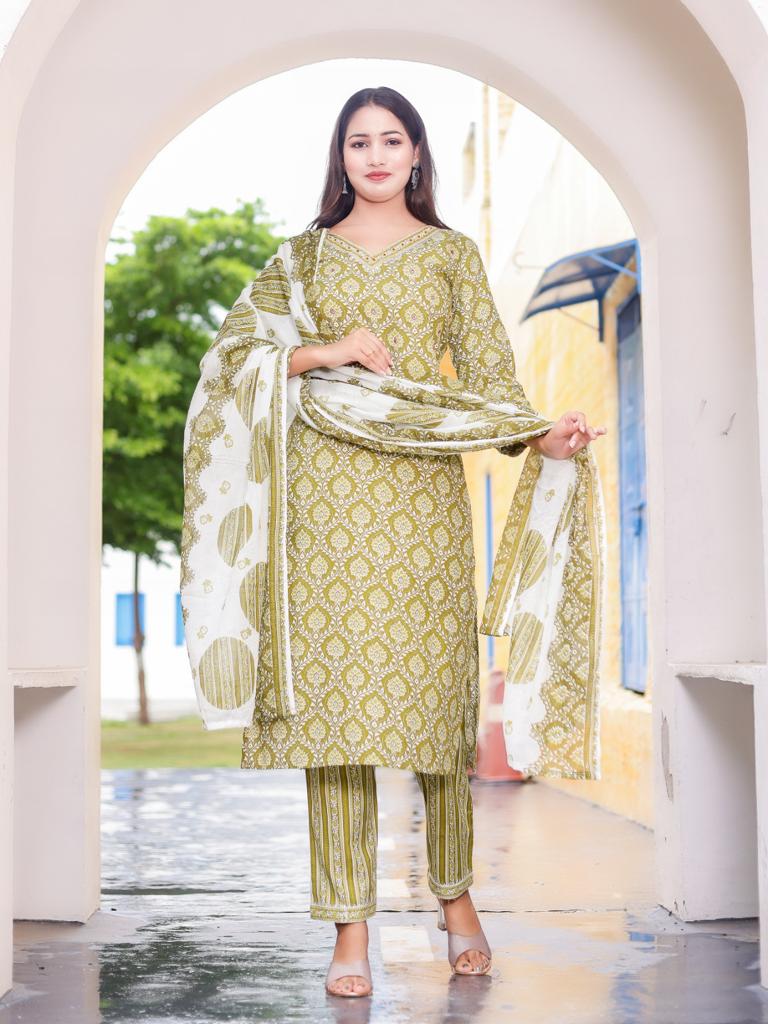 Women's printed adda work straight kurta with paint and duptta