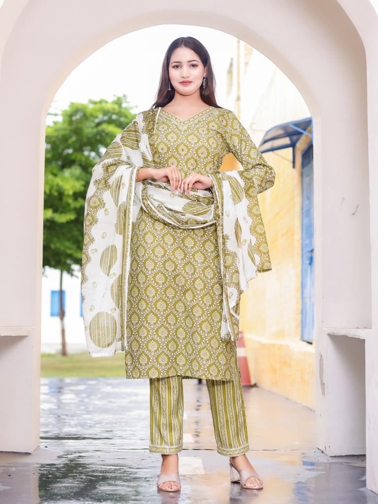 Women's printed adda work straight kurta with paint and duptta
