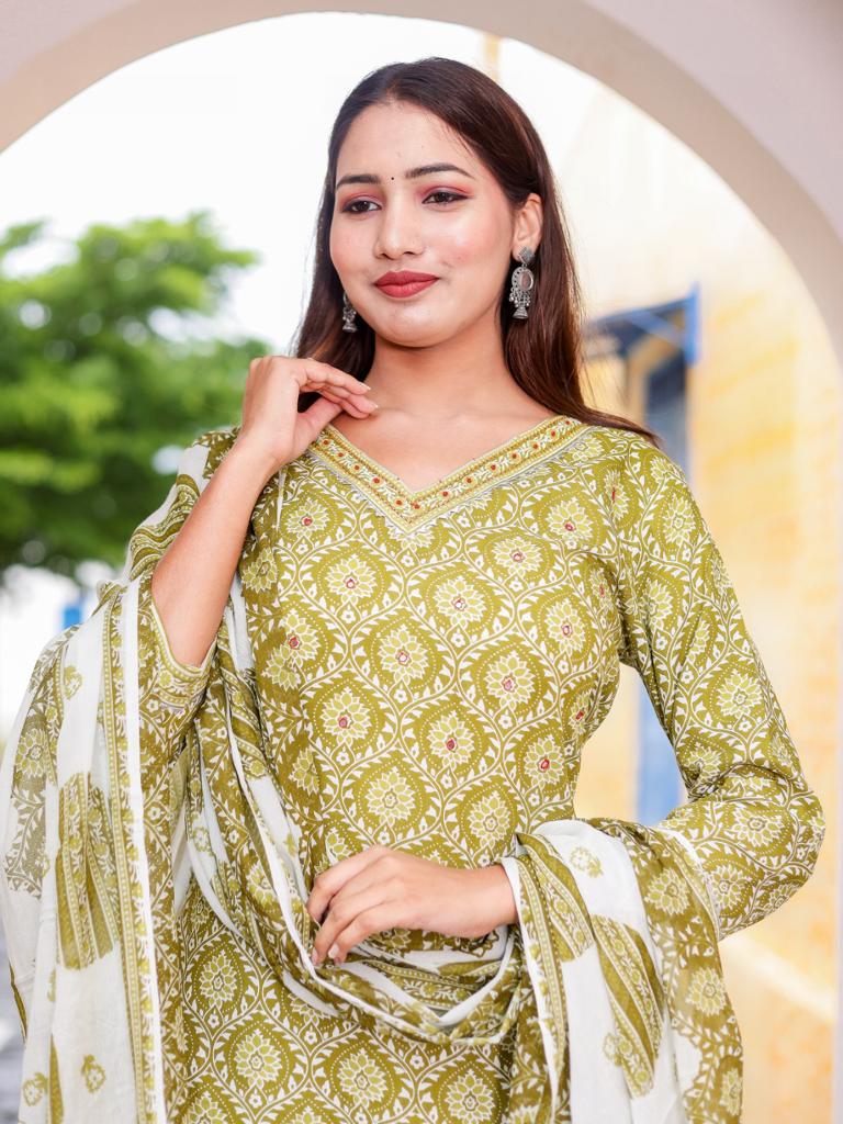 Women's printed adda work straight kurta with paint and duptta