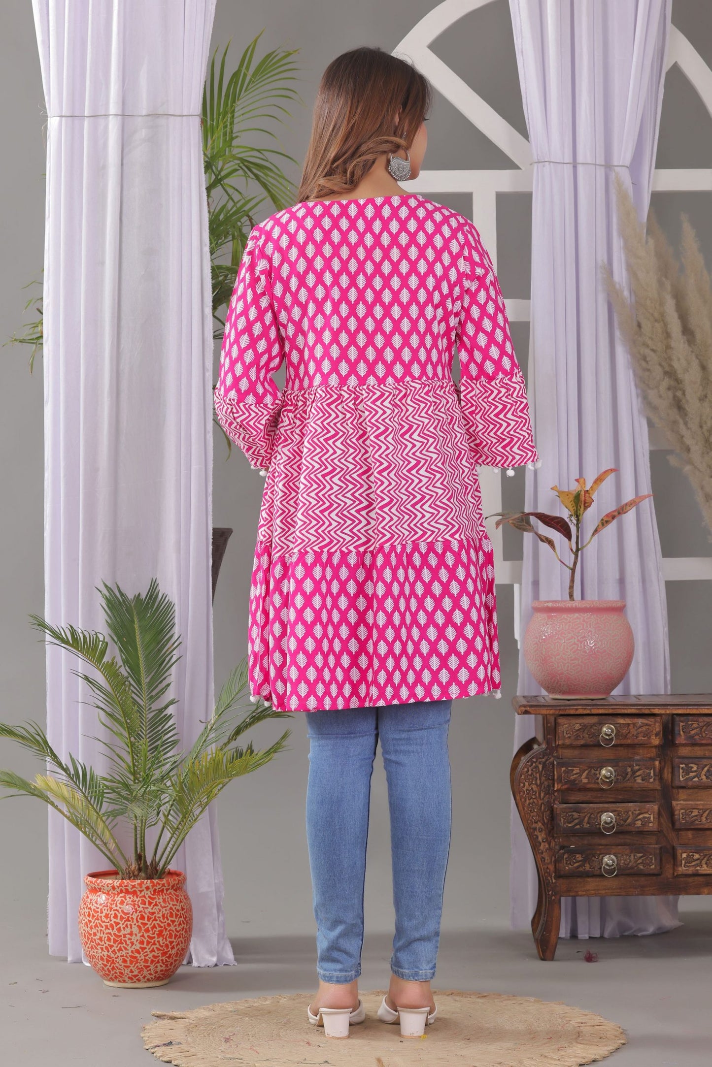 Women's printed pom pom western top