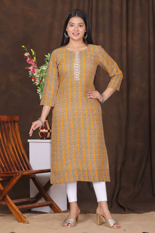 Women's embroidered striped printed straight kurta