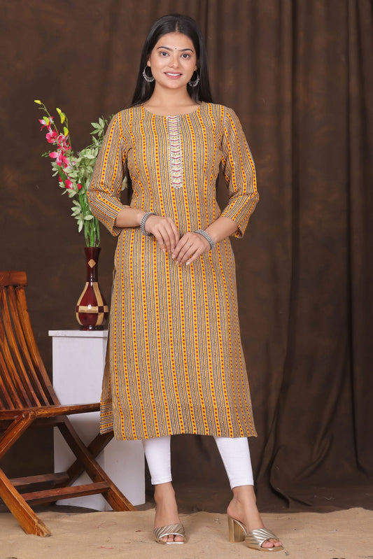 Women's embroidered striped printed straight kurta
