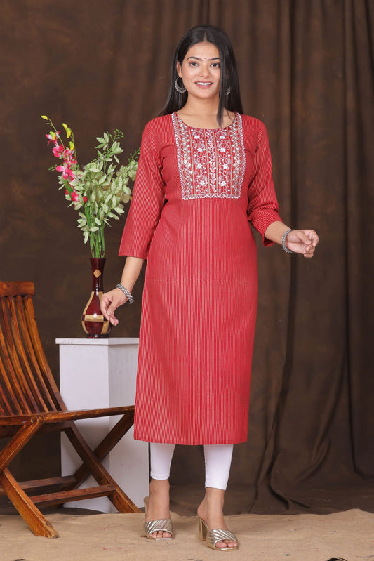 Women's embroidered striped printed straight kurta