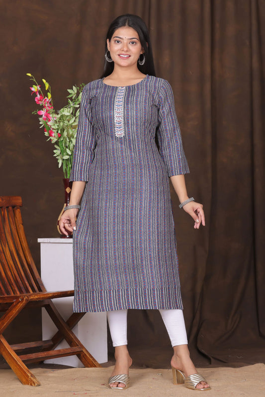 Women's embroidered striped printed straight kurta
