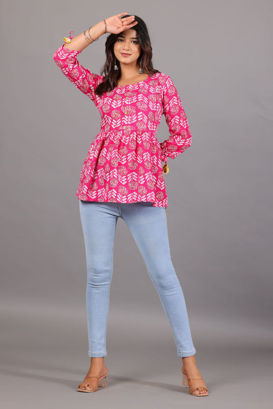 Womens Printed Top With Pom Pom