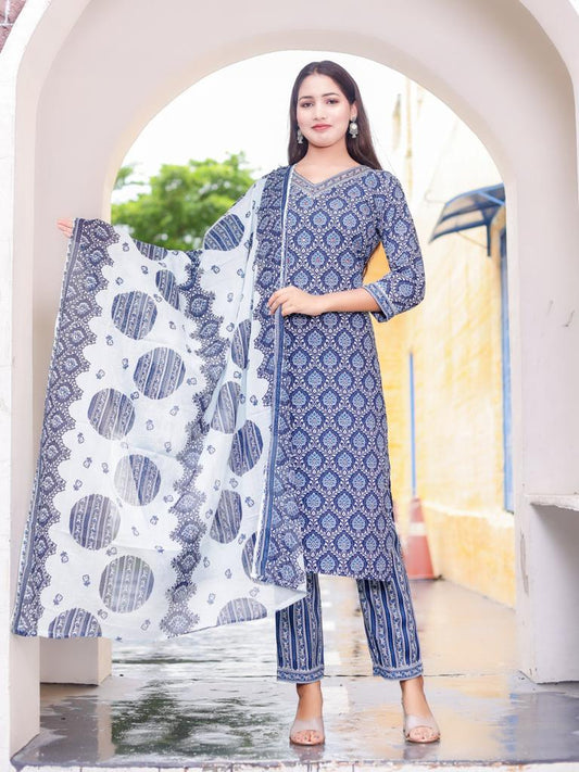 Women's printed hand work straight kurta with paint and duptta