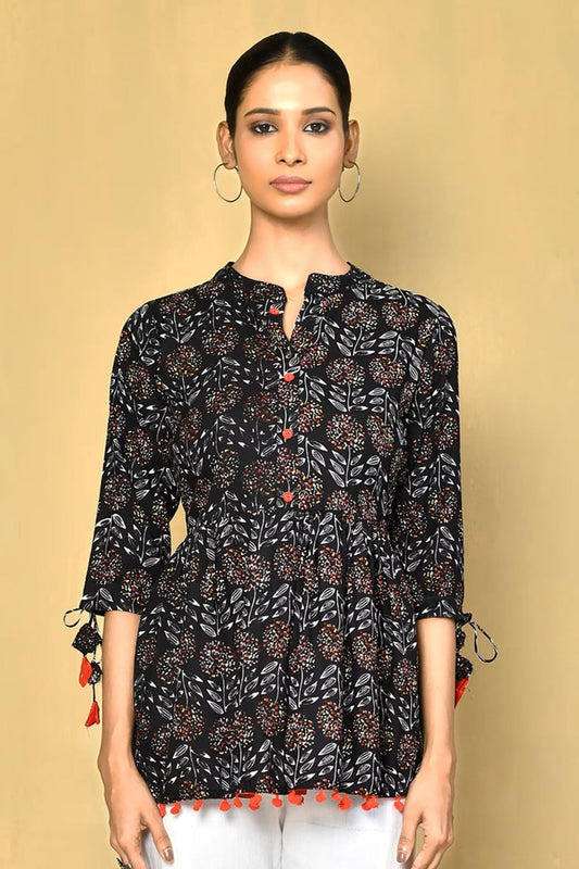 Vilai Jaipur Women's Printed Top With Pom Pom