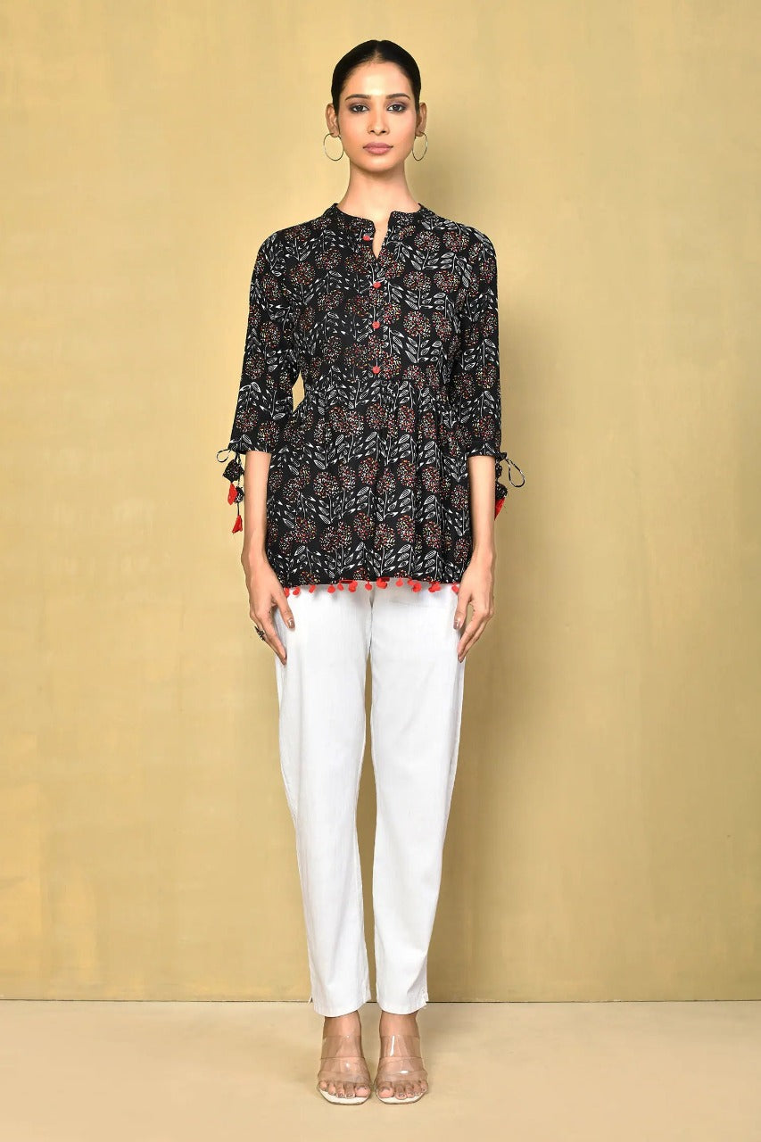 Vilai Jaipur Women's Printed Top With Pom Pom