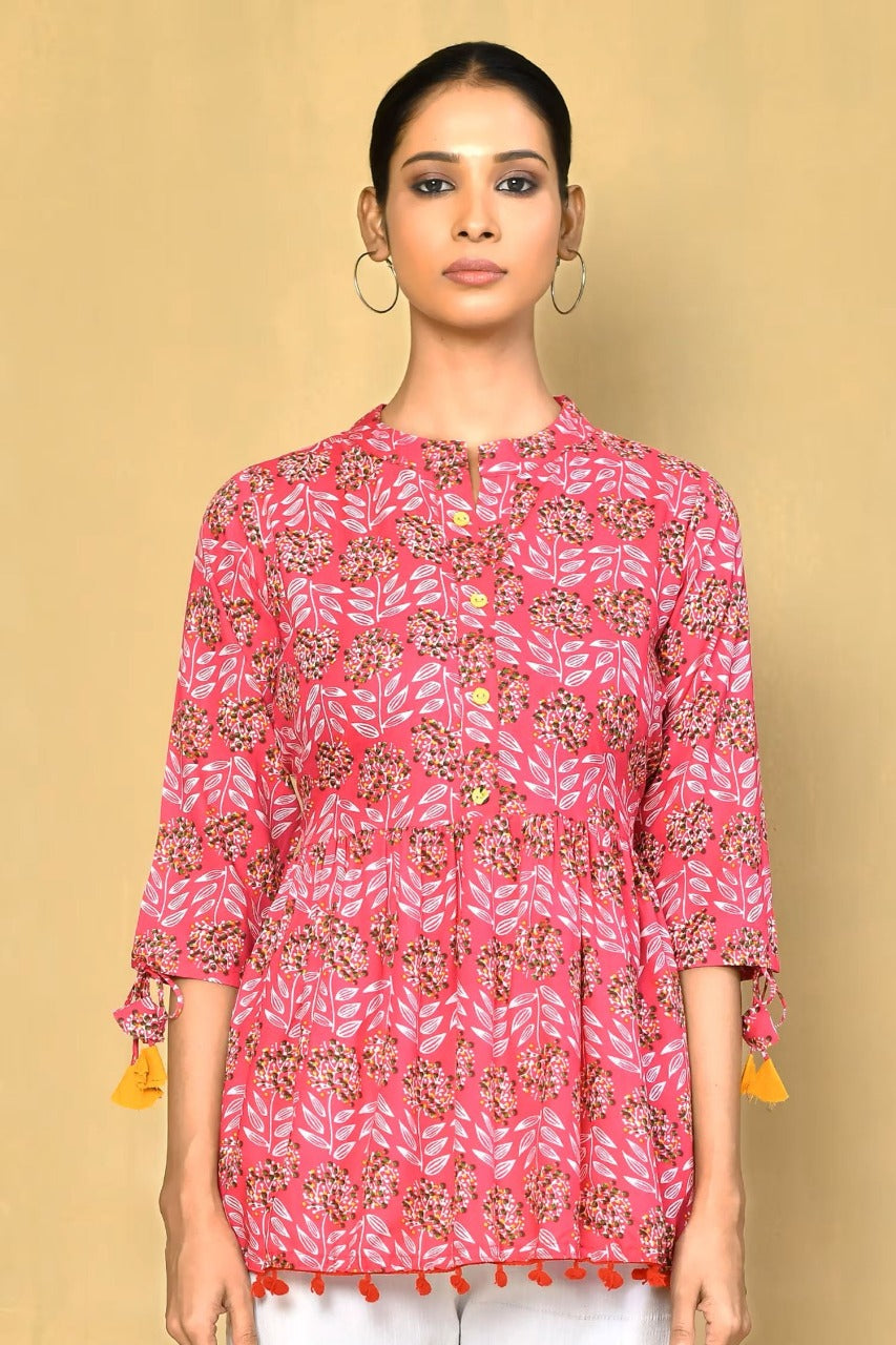 Vilai Jaipur Women's Printed Top With Pom Pom
