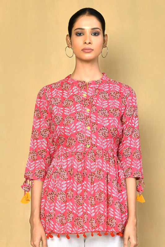Vilai Jaipur Women's Printed Top With Pom Pom