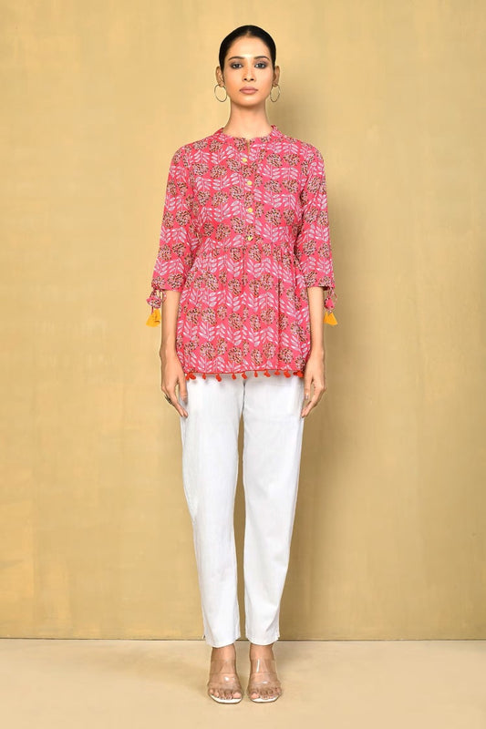 Vilai Jaipur Women's Printed Top With Pom Pom