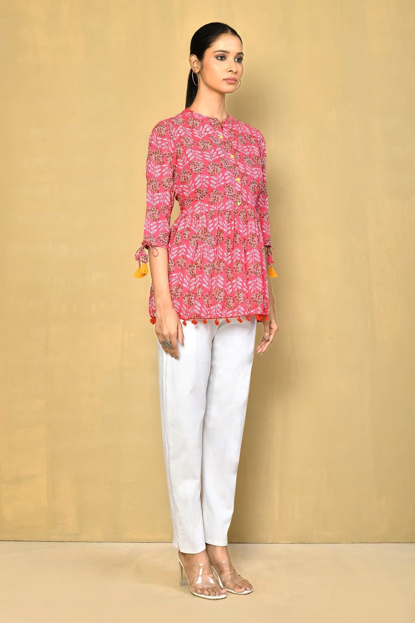 Vilai Jaipur Women's Printed Top With Pom Pom