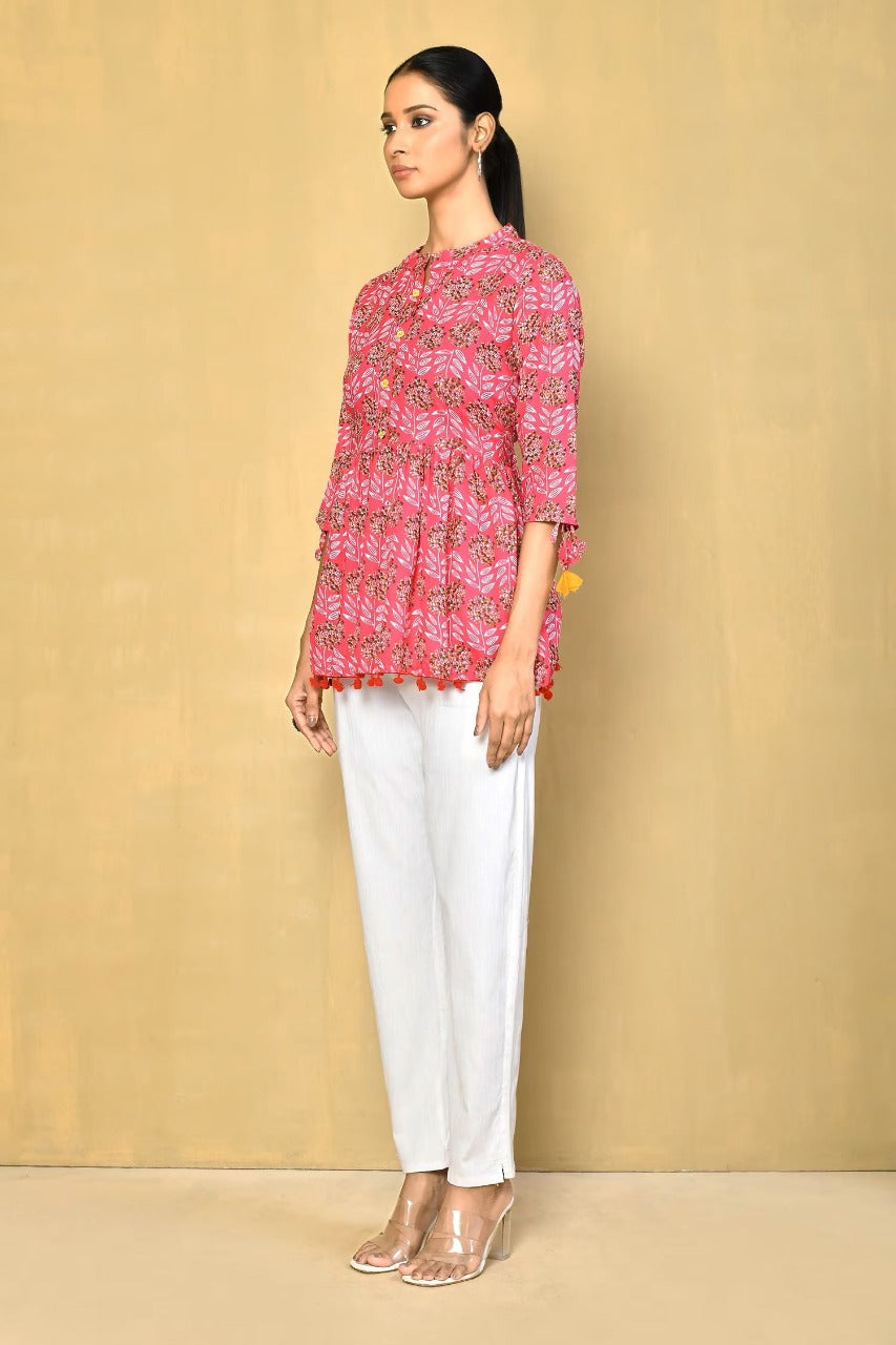 Vilai Jaipur Women's Printed Top With Pom Pom