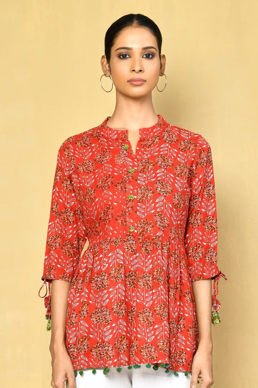 Vilai Jaipur Women's Printed Top With Pom Pom