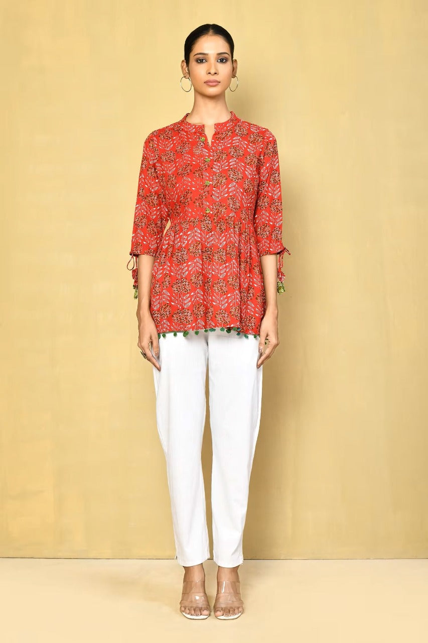 Vilai Jaipur Women's Printed Top With Pom Pom