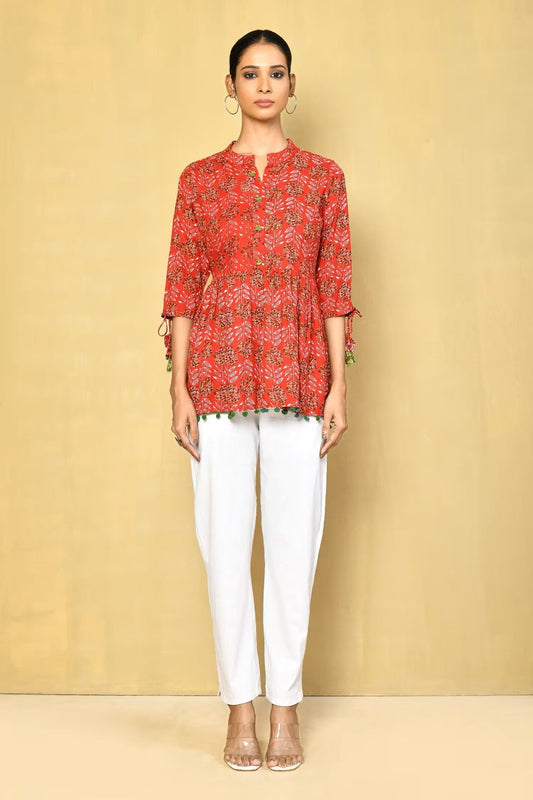Vilai Jaipur Women's Printed Top With Pom Pom