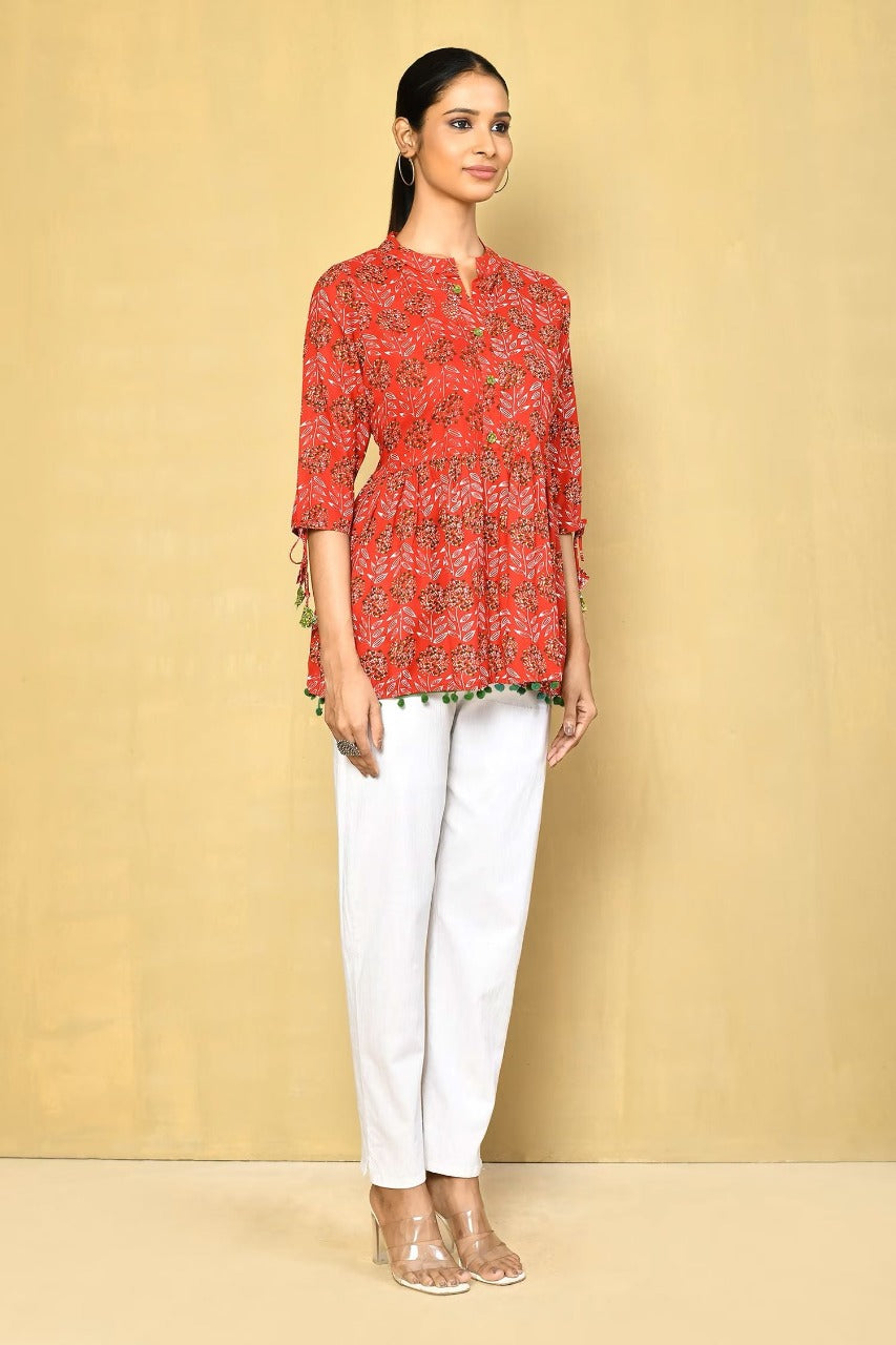 Vilai Jaipur Women's Printed Top With Pom Pom