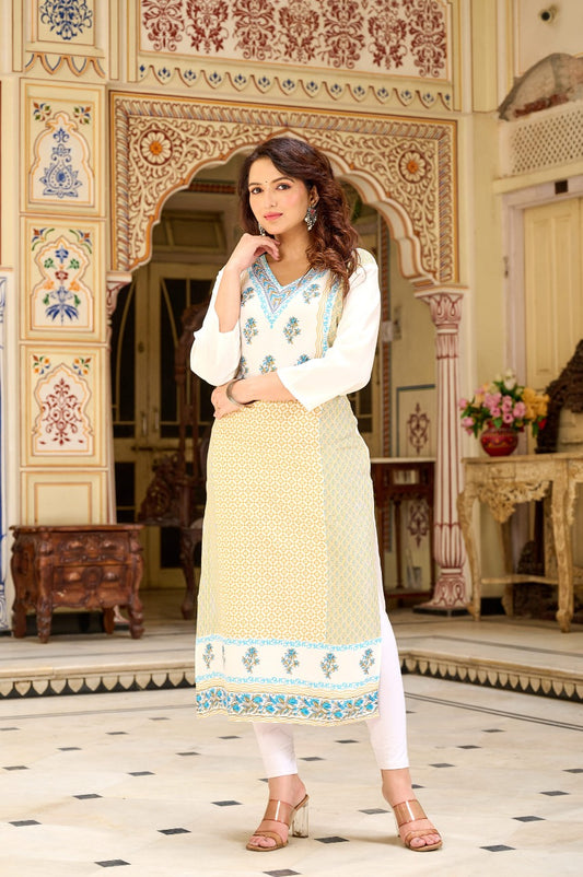 Elegant Off-White & Pastel Yellow Printed Kurta with Blue Embroidery by Vilai Jaipur