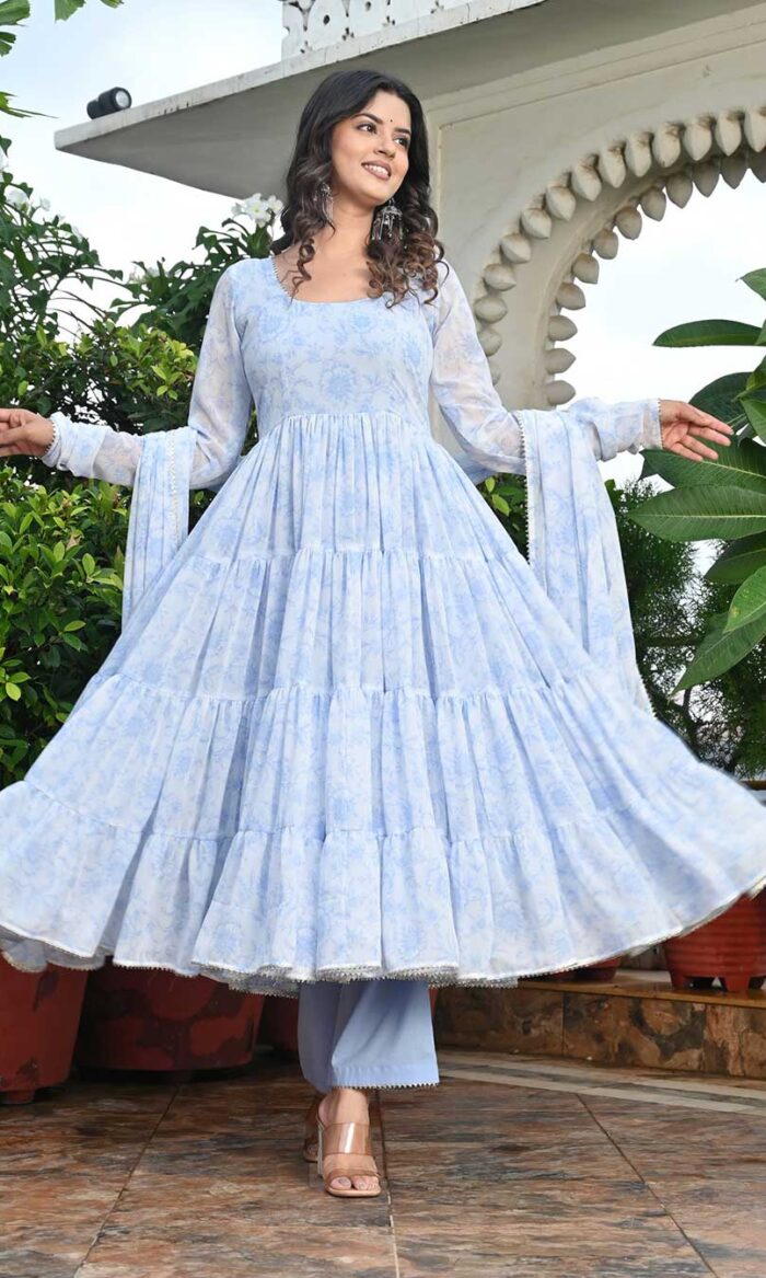 BLUE WATER LILY GEORGETTE TIRED ANARKALI