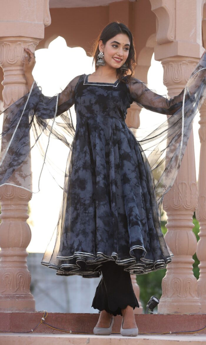 Black Tie Dye Organza Anarkali Set