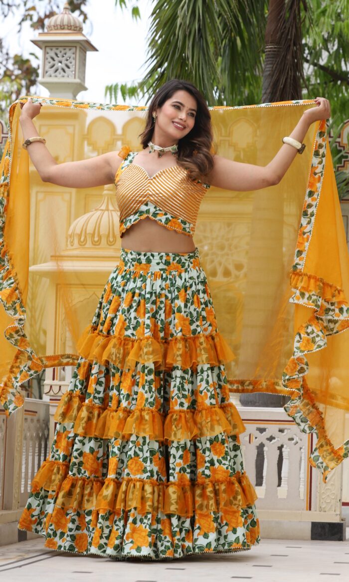 Boltoniya yellow ferrel cotton lehenga set