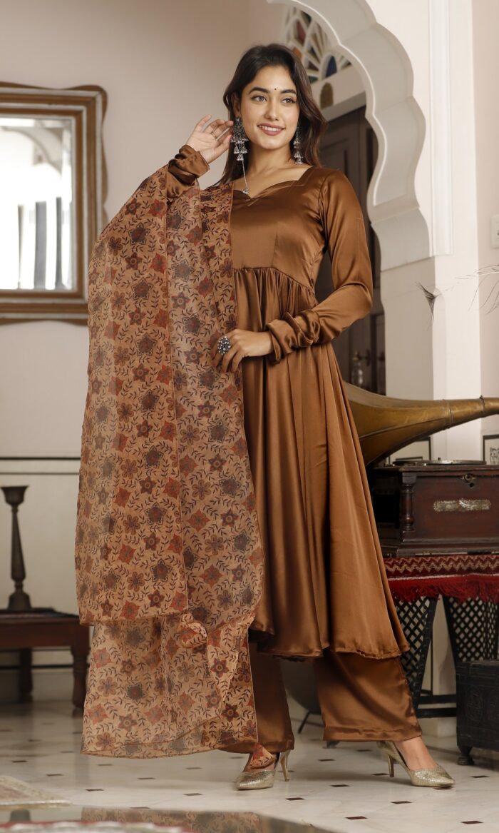 Brown Silk Anarkali Set
