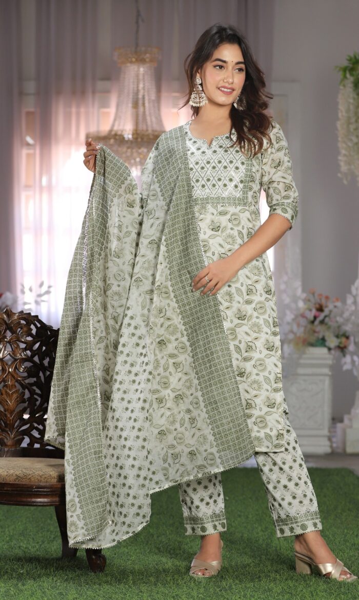 Green Leaf Floral Print Cotton Suit Set
