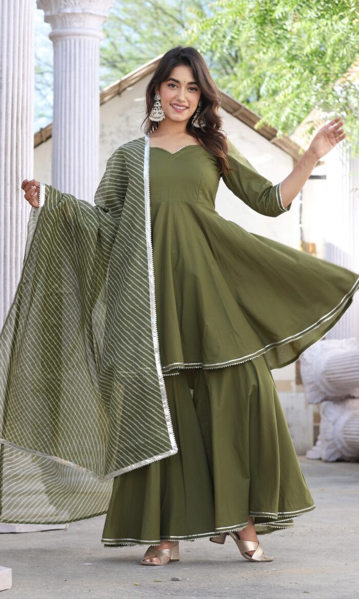 Lahariya Mehndi Green Cotton Sharara Set