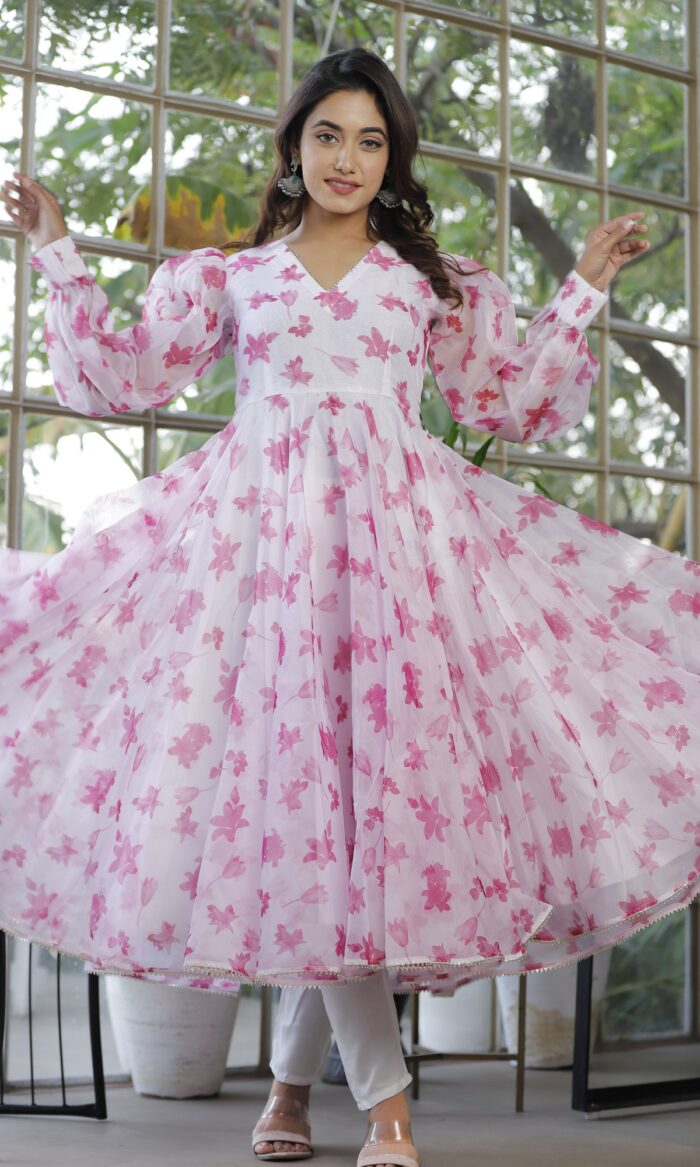 Meadow Saffron Flower Print Organza Anarkali Set