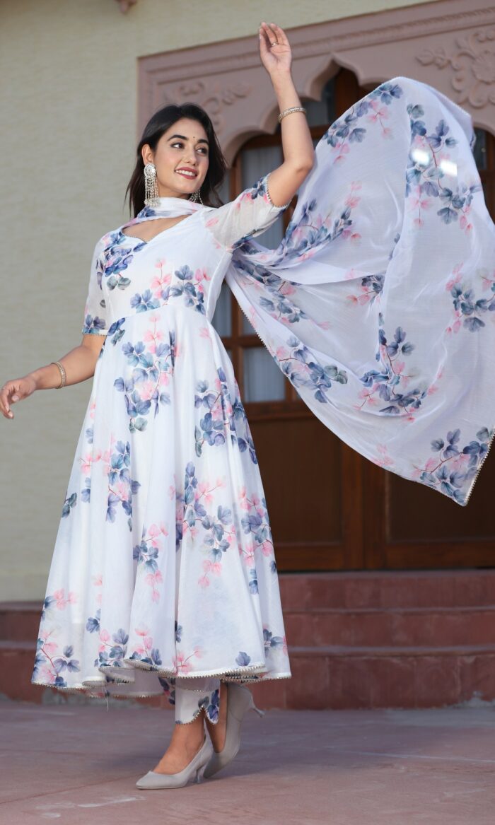 Pink Blue Floral Chanderi Anarkali Suit Set