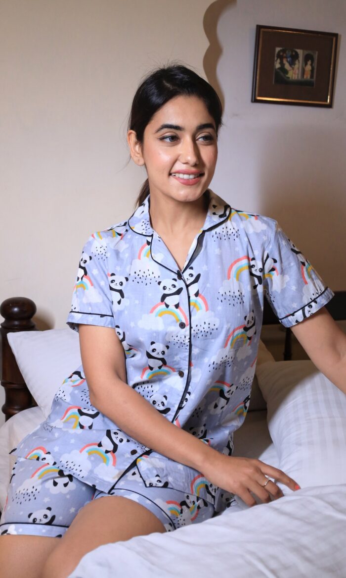 Powder Blue Half Sleeve Night Suit Set