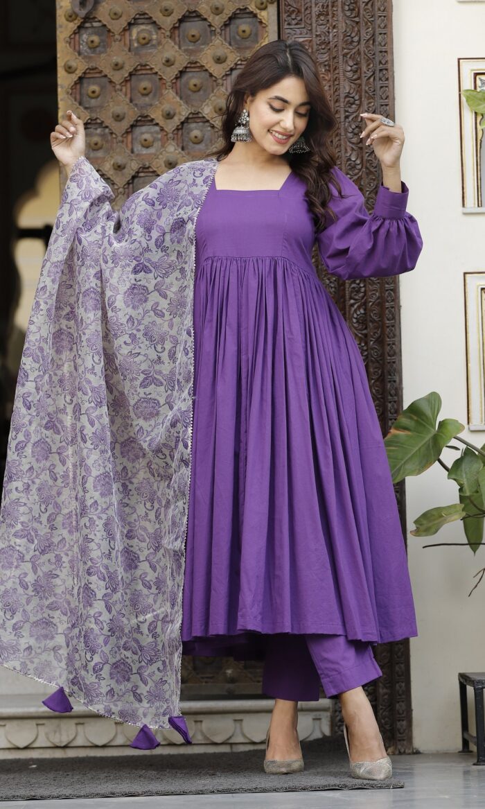 Pretty Purpal Cotton Anarkali Set