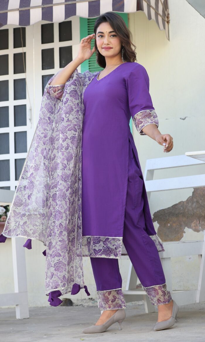 Purple Cotton Organza Suit Set