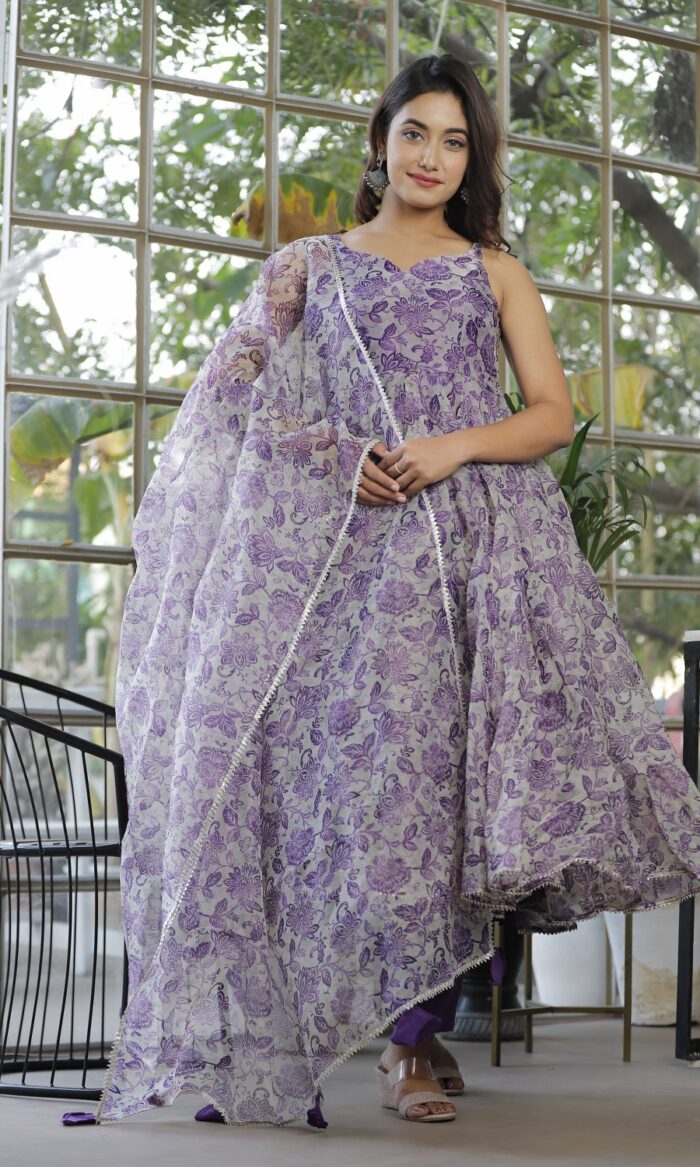 Purple Flower Anarkali Set