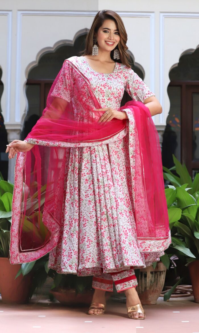 Rosy Pink Cotton Anarkali Set