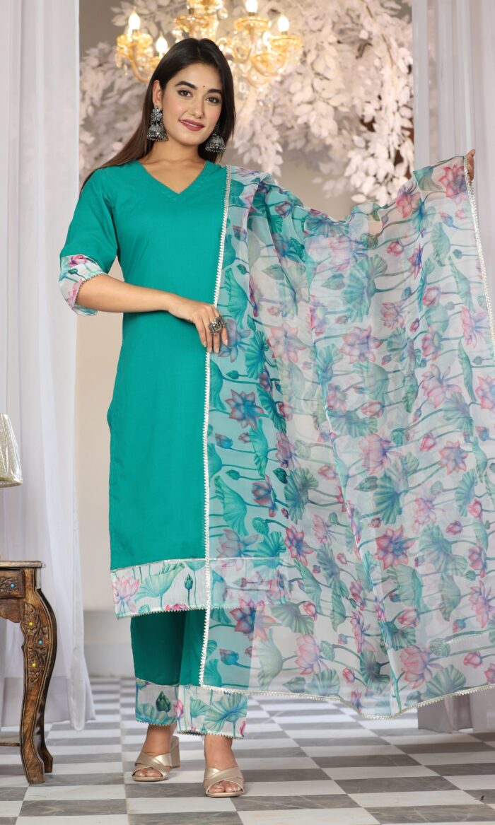 Teal Cotton Organza Suit Set
