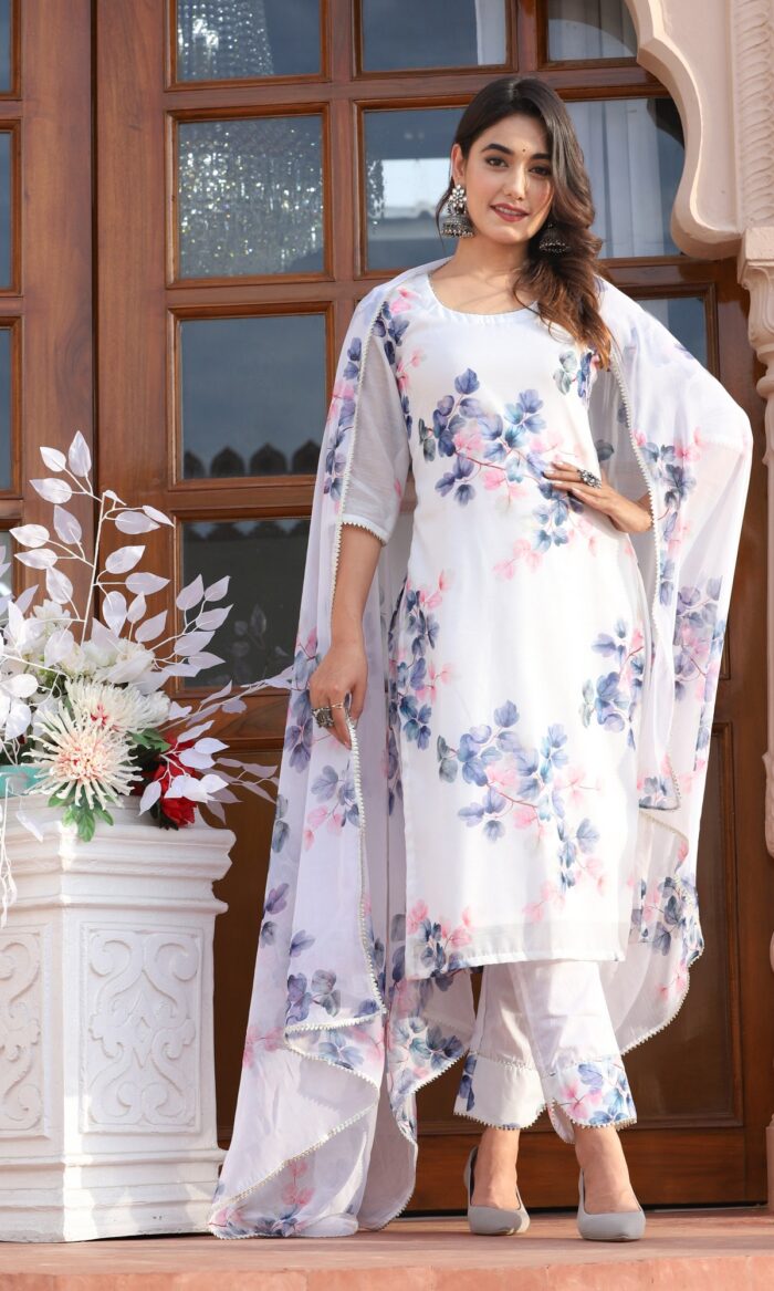 White Chanderi Floral Cotton Suit Set
