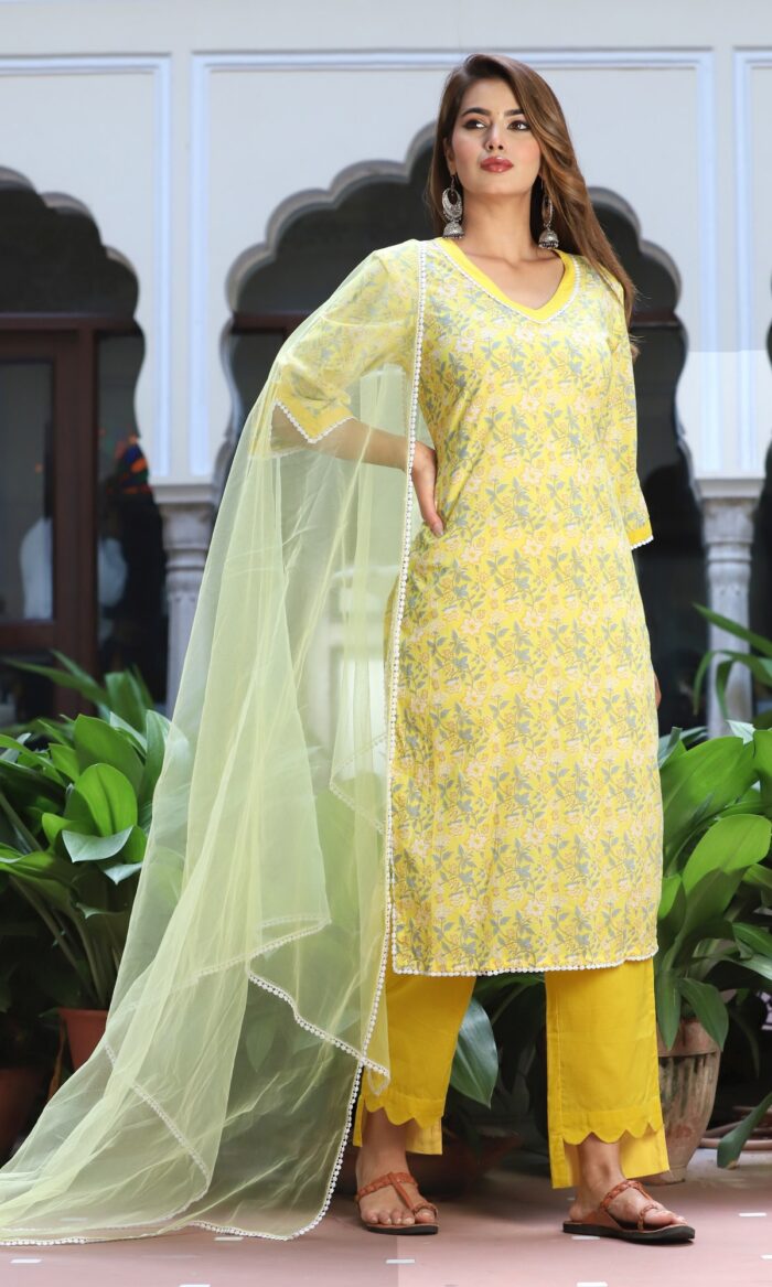 Yellow And Grey Phool Cotton Suit Set