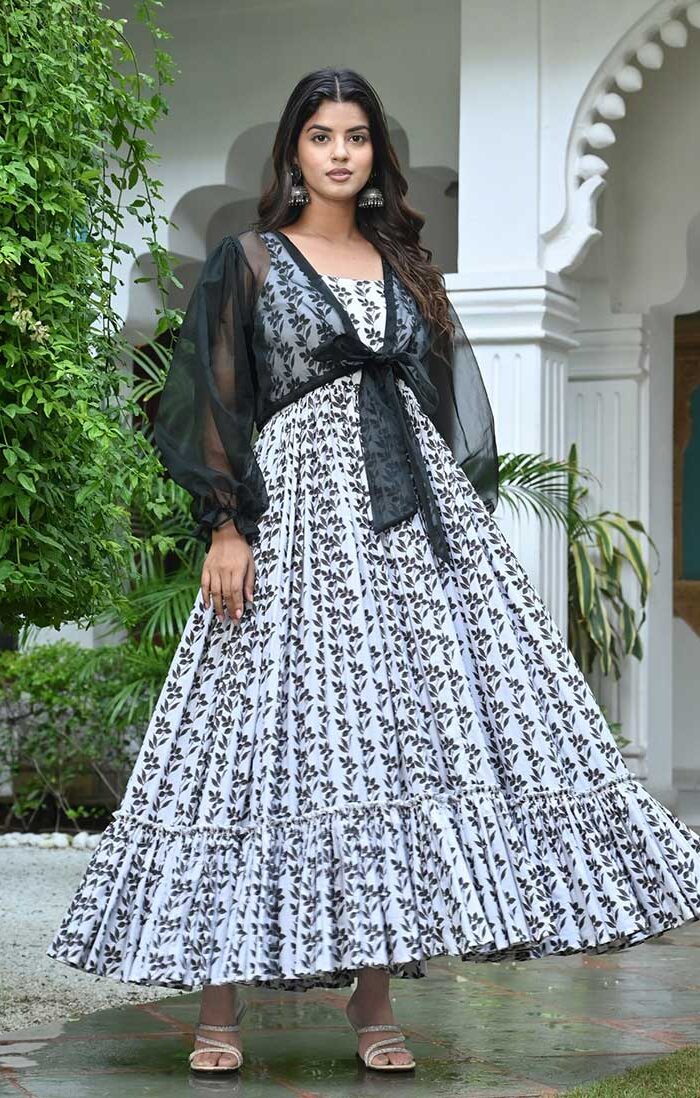 BLACK JACKET WITH OFFWHITE GREY FLORAL LONG DRESS