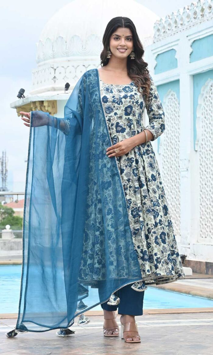BLUE LILY FLORAL COTTON ANARKALI