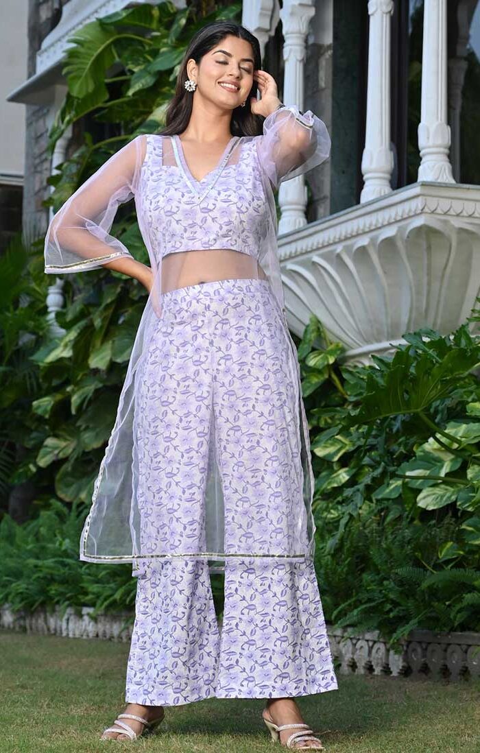 ICE WHITE LAVENDER FLORAL CO-RD SET WITH ORGANZA KURTA