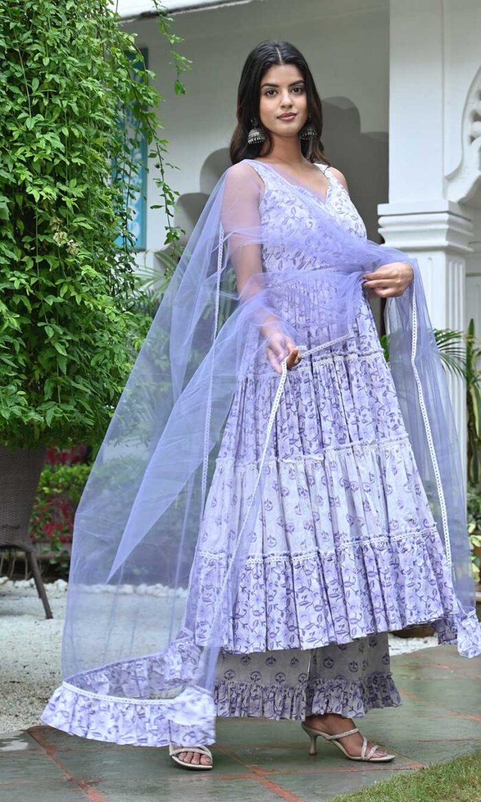OCEAN WHITE WITH LAVENDER FLORAL TIRED ANARKALI