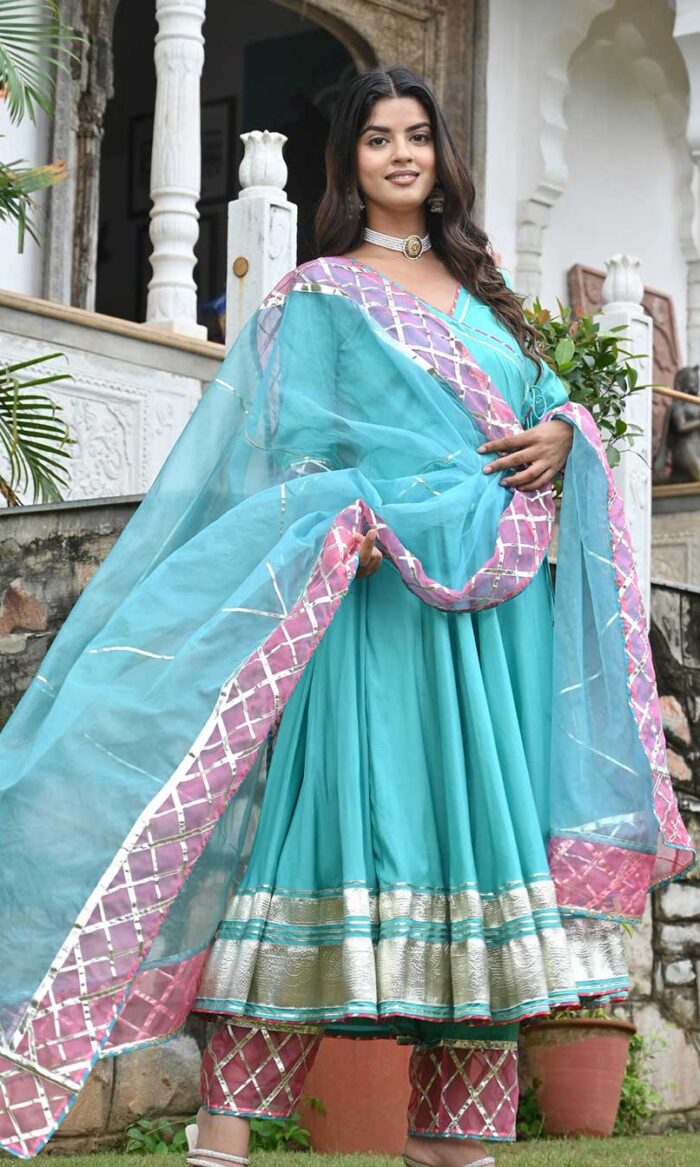 PINKIST PEACH WITH ENGLISH BLUE  ANARKALI