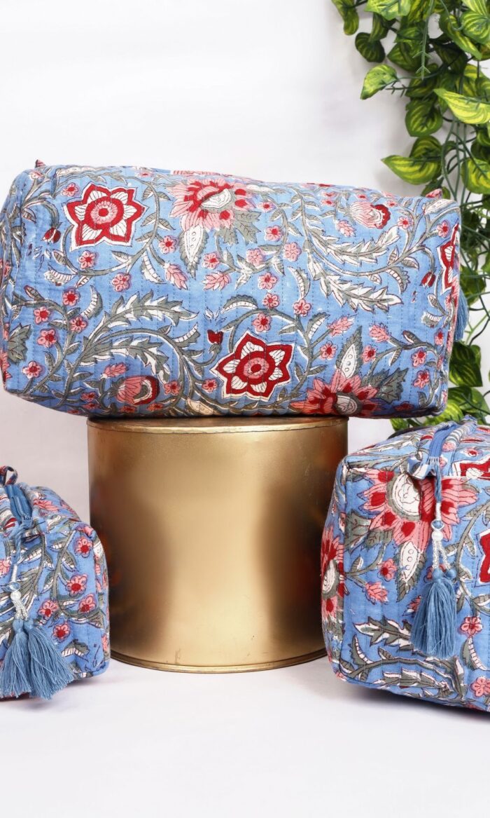 Authentic Block Print Bags  Quilted Cotton Makeup Travel Set  Ethical Gift for Women