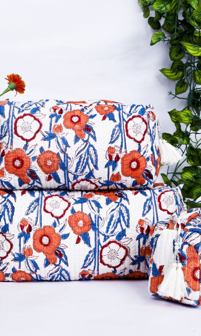 Block Print Cotton Toiletry Bags Set  Handmade Makeup Pouches  Boho Gift for Traveler