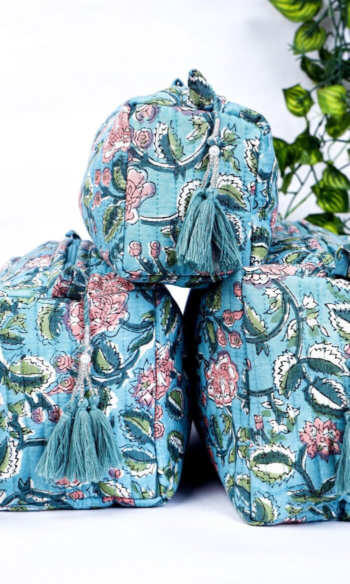 Block Print Toiletry Bags Set | 100% Cotton Quilted Makeup Pouch Trio | Jaipur Handcrafted Travel Case