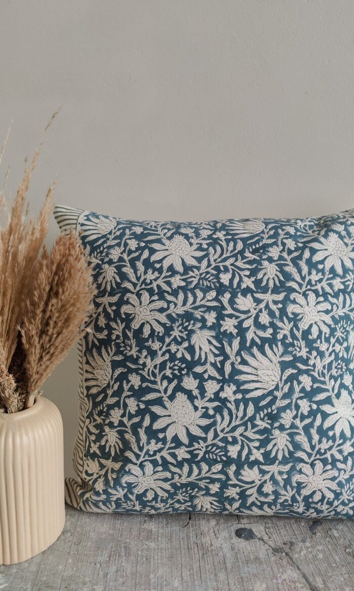Blue Meadow Hand Block Print Pillow Cover