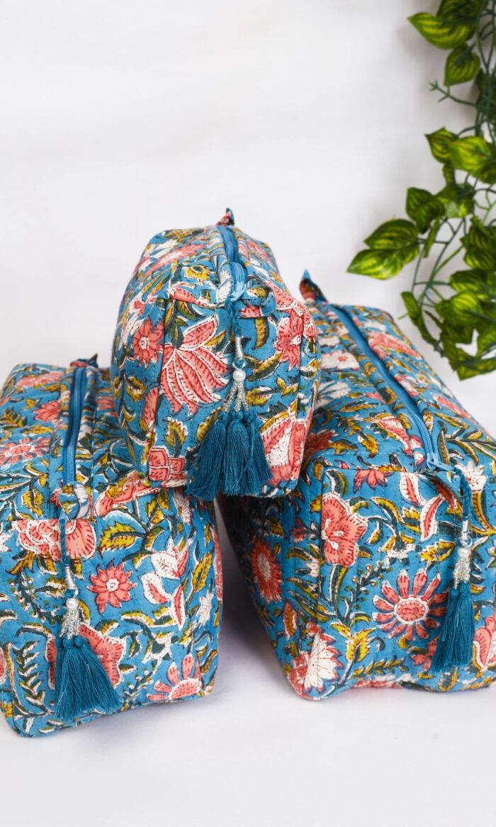 Bridal Party Gift  Quilted Cotton Makeup Bag Trio  Handmade Indian Travel Set