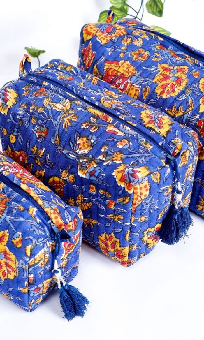 Cosmetic Pouch Set of 3 Cotton Quilted | Handmade Blocks Print Toiletry Bags | Block Print Makeup Pouches | Gift For Her