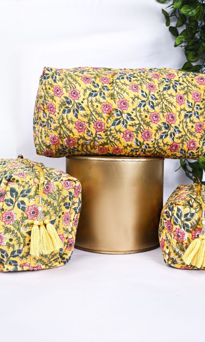 Cotton Quilted Makeup Pouch Trio  Block Printed Toiletry Bags  Gift Set for Her